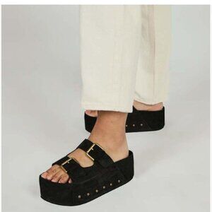 Wo Wagas Black Buckle Strap Mules Platform Slippers Chunky Heel Round Toe Sandal